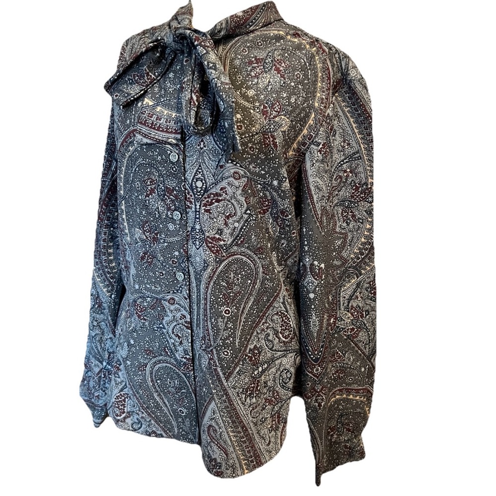 Vintage Paisley Blouse Blue Gray‎ Sz L Necktie Ascot Dark Academia Career
